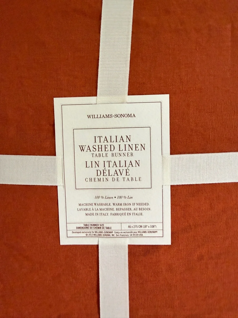 NWT Williams Sonoma Italian Washed Linen Table Runner Pumpkin Orange 18 x 108